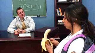 sexy brunette girl Sisi Sinz seduces her teacher by eating banana before getting fucked porn video